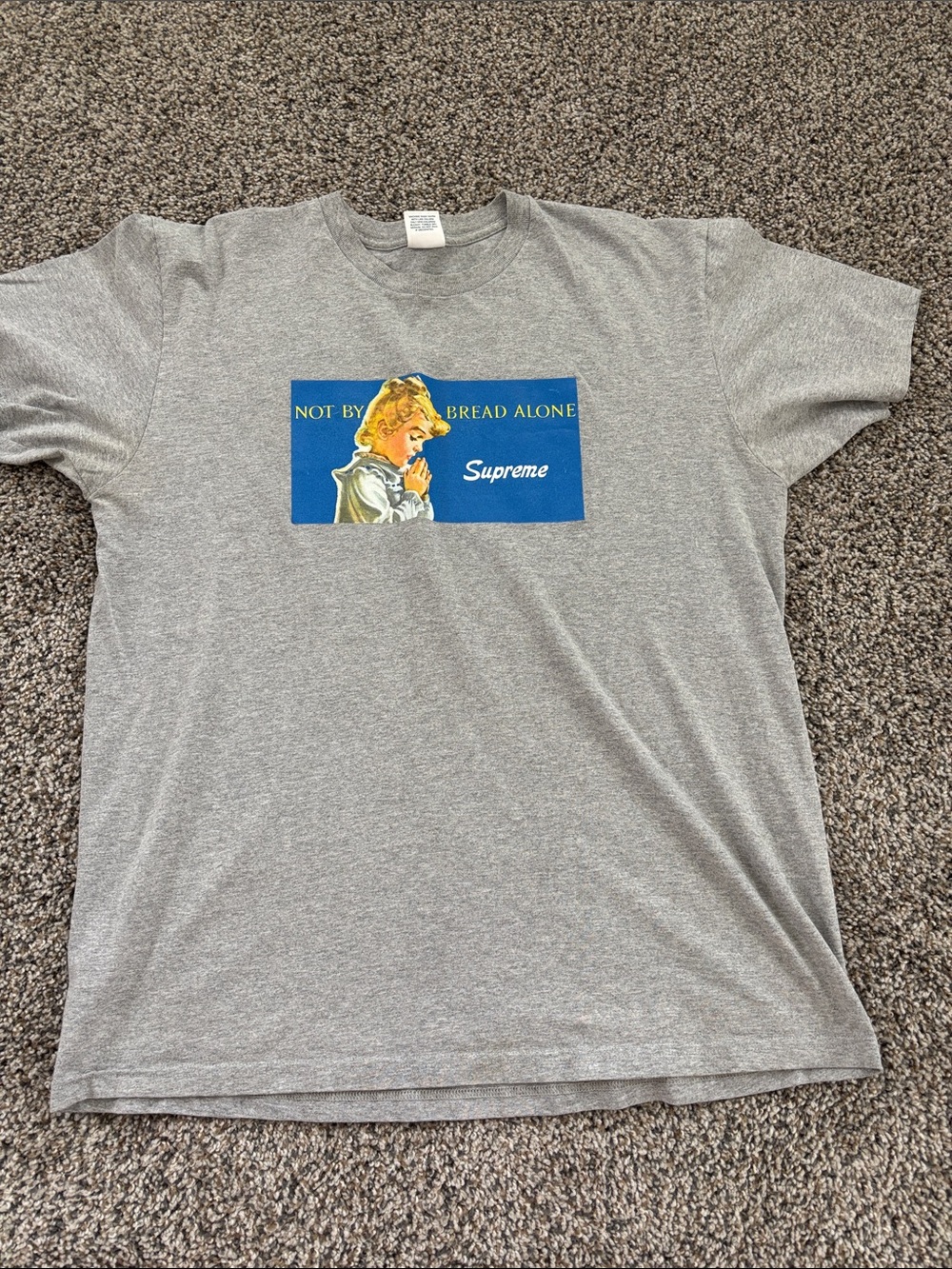 Supreme Gray T-Shirt with Blue Prayer Graphic